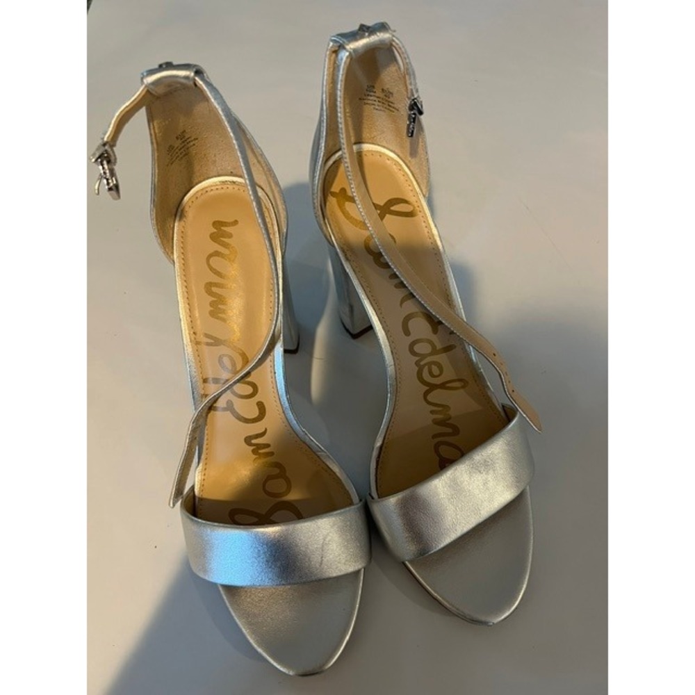 Sam Edelman Yaro Block Heel Sandals Women 10M Silver Good Metallic Leather